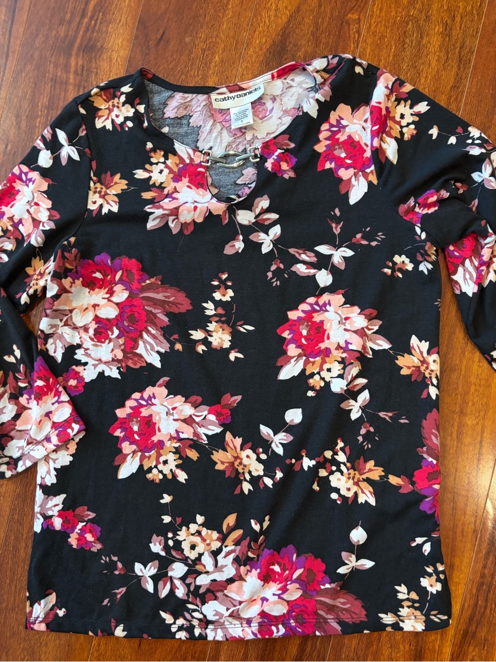 Cathy Daniels Black Floral Long Sleeve Top with Pink & Cream Blooms